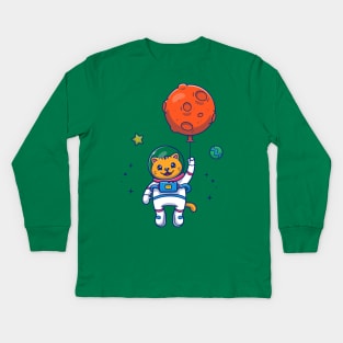 Cute Cat Astronaut Holding Planet Balloon In space Cartoon Kids Long Sleeve T-Shirt